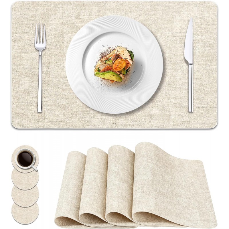 Vinyl Placemats Set of 4, Faux Leather Waterproof and Heat Resistant Place Mats, Washable Anti-Slip Table Mats with Coaster, Wipeable Placemats for Indoor & Outdoor 17