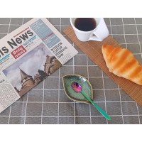 Coffee Spoon and Rest for Coffee Bar Accessories, Small Spoon Rest for Coffee Bar & Station, Tea Spoon Rest & Holder for Teaspoon Rest, 1 PC (Retro Mist Green Leaf with Rainbow Rose Spoon)