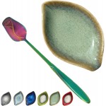 Coffee Spoon and Rest for Coffee Bar Accessories, Small Spoon Rest for Coffee Bar & Station, Tea Spoon Rest & Holder for Teaspoon Rest, 1 PC (Retro Mist Green Leaf with Rainbow Rose Spoon)