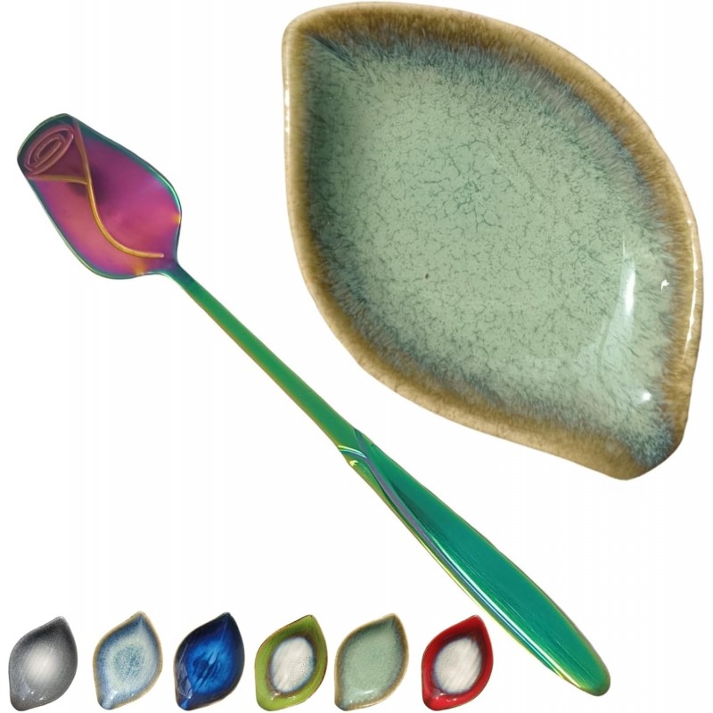 Coffee Spoon and Rest for Coffee Bar Accessories, Small Spoon Rest for Coffee Bar & Station, Tea Spoon Rest & Holder for Teaspoon Rest, 1 PC (Retro Mist Green Leaf with Rainbow Rose Spoon)