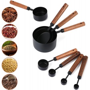 Stainless Steel Measuring Cups Set and Measuring Spoons Wooden Handle Metal Measure Cups and Spoons for Cooking and Baking, 8 Piece