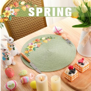 Spring Round Braided Placemats Set of 4 Place Mats for Dining Tables Spring Flowers Placemats 14 Inch for Kitchen Holiday Party Pea Green Washable Non-Slip Table Mats