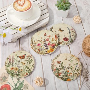 Vintage Floral Coasters Retro Wildflower Butterfly Drink Coasters Flower Decorative Ceramic Cup Mats for Spring Holiday Party Home Office Table, Set of 4