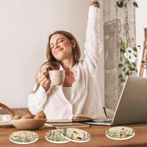 Vintage Floral Coasters Retro Wildflower Butterfly Drink Coasters Flower Decorative Ceramic Cup Mats for Spring Holiday Party Home Office Table, Set of 4