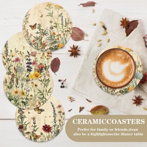 Vintage Floral Coasters Retro Wildflower Butterfly Drink Coasters Flower Decorative Ceramic Cup Mats for Spring Holiday Party Home Office Table, Set of 4