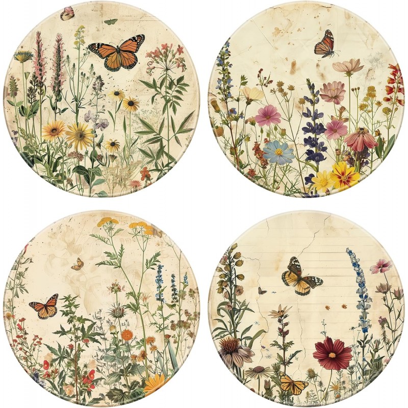 Vintage Floral Coasters Retro Wildflower Butterfly Drink Coasters Flower Decorative Ceramic Cup Mats for Spring Holiday Party Home Office Table, Set of 4