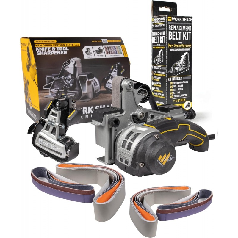 Work Sharp Ken Onion Edition Knife & Tool Sharpener Elite Mk2 - Complete Knife Sharpening System with Blade Grinding Attachment and extra belts