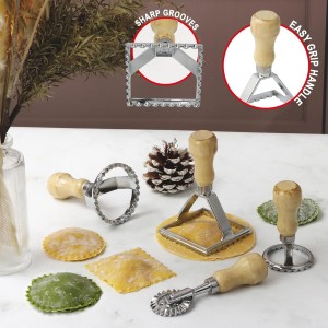 Ravioli Stamp Maker Cutter with Roller Wheel Set, Large Size Aluminum Press with Wooden Handle and Fluted Edge, Ravioli Maker Stamp for Ravioli, Pasta, Dumplings Lasagna, Pierogi, Set of 4