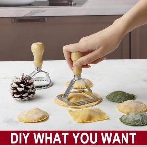 Ravioli Stamp Maker Cutter with Roller Wheel Set, Large Size Aluminum Press with Wooden Handle and Fluted Edge, Ravioli Maker Stamp for Ravioli, Pasta, Dumplings Lasagna, Pierogi, Set of 4