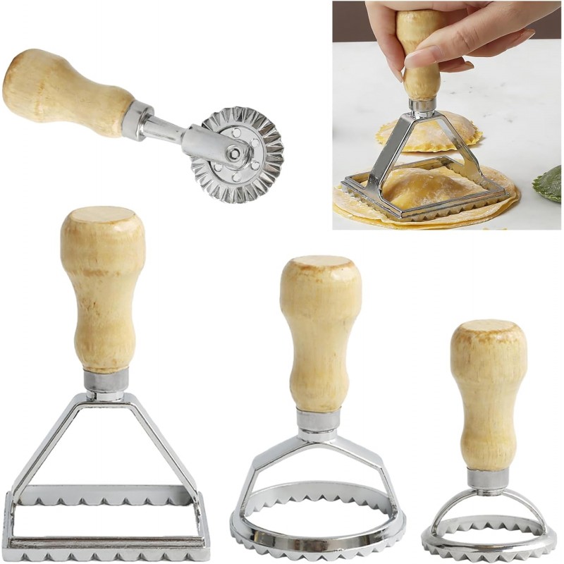 Ravioli Stamp Maker Cutter with Roller Wheel Set, Large Size Aluminum Press with Wooden Handle and Fluted Edge, Ravioli Maker Stamp for Ravioli, Pasta, Dumplings Lasagna, Pierogi, Set of 4