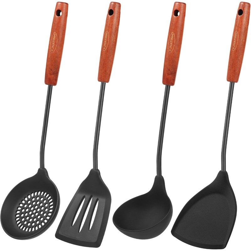 FJNATINH Silicone Wok Spatula,Turner,Ladle,Skimmer Set,Wok Tools, Wok Utensil,Non Stick Heat-Resistant Stainless Steel Cooking Utensils BPA Free Kitchen Utensils Cookware, Pack of 4,Black