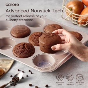 CAROTE 7-Piece Nonstick Stackable Baking Pans Set - Bakeware Sets Including Cookie Sheets for Baking, Muffin Pan, Bread Pan, Cake pan, Loaf Pan, Roasting Pan, Gray & Khaki