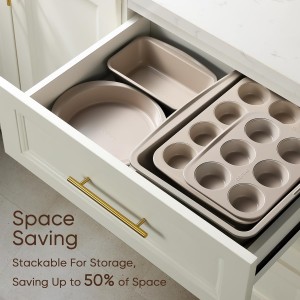 CAROTE 7-Piece Nonstick Stackable Baking Pans Set - Bakeware Sets Including Cookie Sheets for Baking, Muffin Pan, Bread Pan, Cake pan, Loaf Pan, Roasting Pan, Gray & Khaki