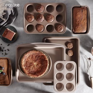 CAROTE 7-Piece Nonstick Stackable Baking Pans Set - Bakeware Sets Including Cookie Sheets for Baking, Muffin Pan, Bread Pan, Cake pan, Loaf Pan, Roasting Pan, Gray & Khaki