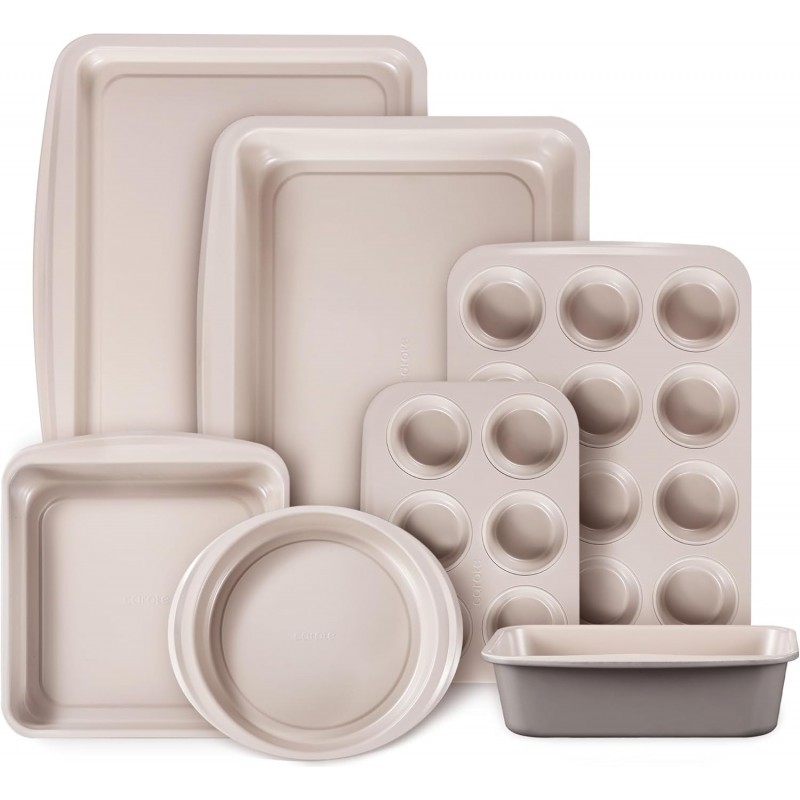 CAROTE 7-Piece Nonstick Stackable Baking Pans Set - Bakeware Sets Including Cookie Sheets for Baking, Muffin Pan, Bread Pan, Cake pan, Loaf Pan, Roasting Pan, Gray & Khaki