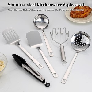 Kyraton Stainless Steel Kitchen Utensils Set 6 Pieces, Cooking Utensil Set Include Metal Spatula Sets, Skimmer, Ladle, Tongs, Potato Masher, Dishwasher Safe