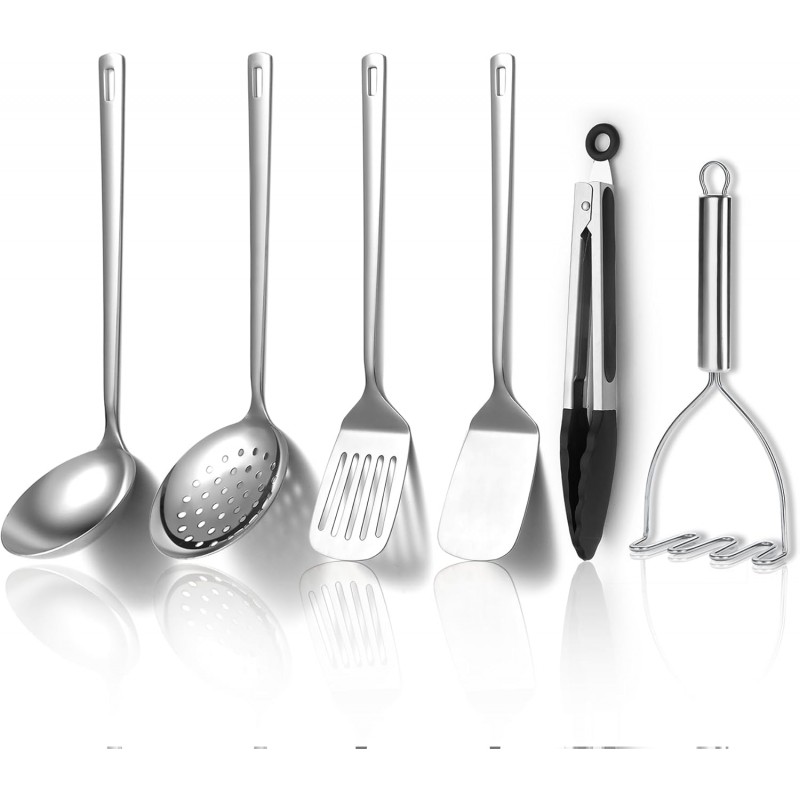 Kyraton Stainless Steel Kitchen Utensils Set 6 Pieces, Cooking Utensil Set Include Metal Spatula Sets, Skimmer, Ladle, Tongs, Potato Masher, Dishwasher Safe