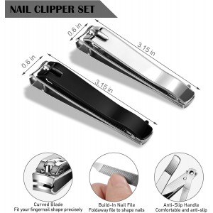Large Nail Clippers 2-Pack, Sharp Stainless Steel Fingernail & Toenail Trimmers with Nail File, Manicure Kit Fingernail Tools for Men & Women, Black and Silver Color