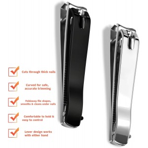 Large Nail Clippers 2-Pack, Sharp Stainless Steel Fingernail & Toenail Trimmers with Nail File, Manicure Kit Fingernail Tools for Men & Women, Black and Silver Color