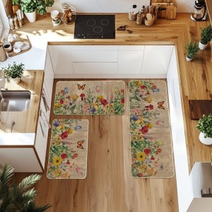 Artoid Mode Wood Flowers Butterfly Spring Kitchen Mats Set of 3, Seasonal Home Decor Leaves Low-Profile Kitchen Rugs for Floor - 17