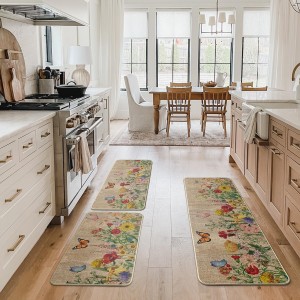 Artoid Mode Wood Flowers Butterfly Spring Kitchen Mats Set of 3, Seasonal Home Decor Leaves Low-Profile Kitchen Rugs for Floor - 17