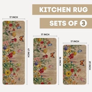 Artoid Mode Wood Flowers Butterfly Spring Kitchen Mats Set of 3, Seasonal Home Decor Leaves Low-Profile Kitchen Rugs for Floor - 17