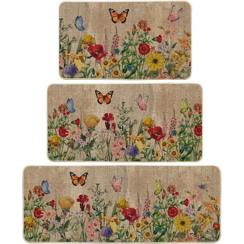 Artoid Mode Wood Flowers Butterfly Spring Kitchen Mats Set of 3, Seasonal Home Decor Leaves Low-Profile Kitchen Rugs for Floor - 17