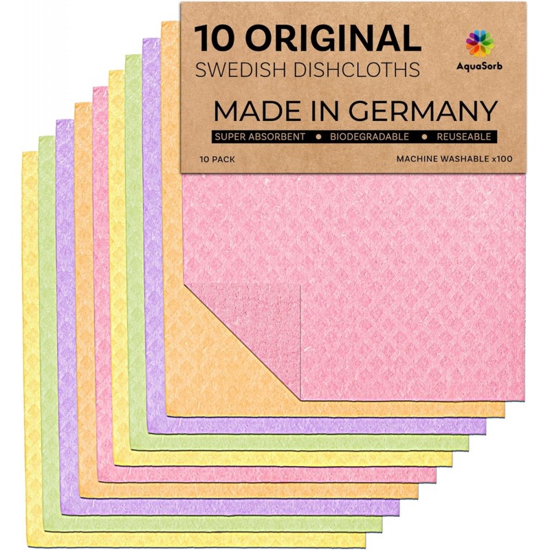 Aquasorb Swedish Dishcloths for Kitchen 10 Pack – Reusable Swedish Dish Cloths That Don't Smell, OEKO-TEX Certified Eco-Friendly Dish Cloths