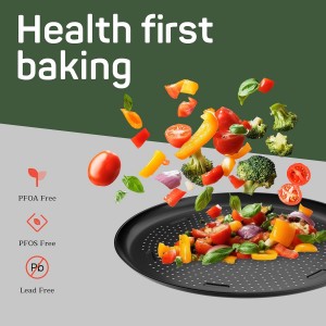 Pizza Baking Pan - 15.75-Inch Round Perforated Carbon Steel Tray with Non-Stick Coating, Dishwasher Safe, Oven Safe (Up To 450° F), Airflow Design, PFOA, PFOS, PTFE Free, Gray