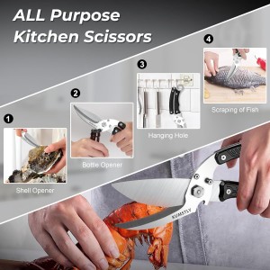 Kitchen Scissors All Purpose Kitchen Shears Heavy Duty for Cutting Chicken, Turkey, Meat, Bones, Vegetables Stainless Steel Spatchcock Shears Multipurpose Food Scissors (Black)