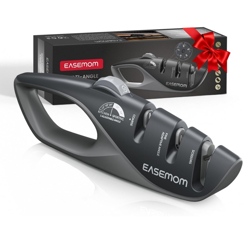 Kitchen Knife Sharpener, 5 Adjustable Sharpening Angle - Handheld Pocket Knife Sharpener, Ergonomic Design, with Coarse & Fine for Scissors, Professional Chef's Knives (BLACK)