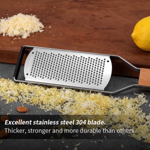 Lemon Zester & Heavy Duty Cheese Grater & Vegetable Grater Flat Handheld Grater Ergonomic Natural Wood Handle Stainless Steel Cheese Shredder