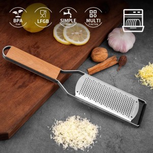 Lemon Zester & Heavy Duty Cheese Grater & Vegetable Grater Flat Handheld Grater Ergonomic Natural Wood Handle Stainless Steel Cheese Shredder