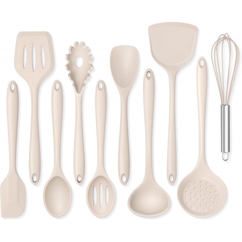 Onader Silicone Cooking Utensils Set of 10, Kitchen Utensils for Nonstick Cookware, Heat Resistant & Nontoxic Spatula Set- Khaki