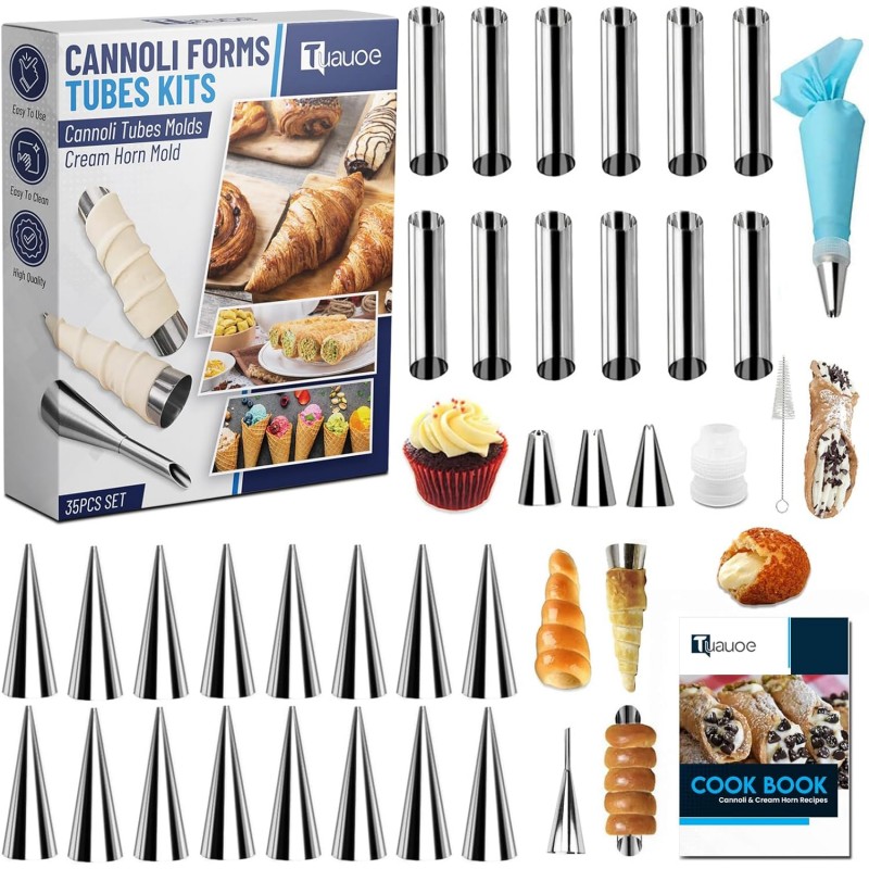 Cream Horn Molds for Baking, 35pcs Cannoli Tubes Molds, Non-stick Stainless Steel 16pcs Cone Shaped and 12pcs Tubular Shaped Cannoli Forms for Danish Pastry Lady Lock Form Cream Roll Croissant