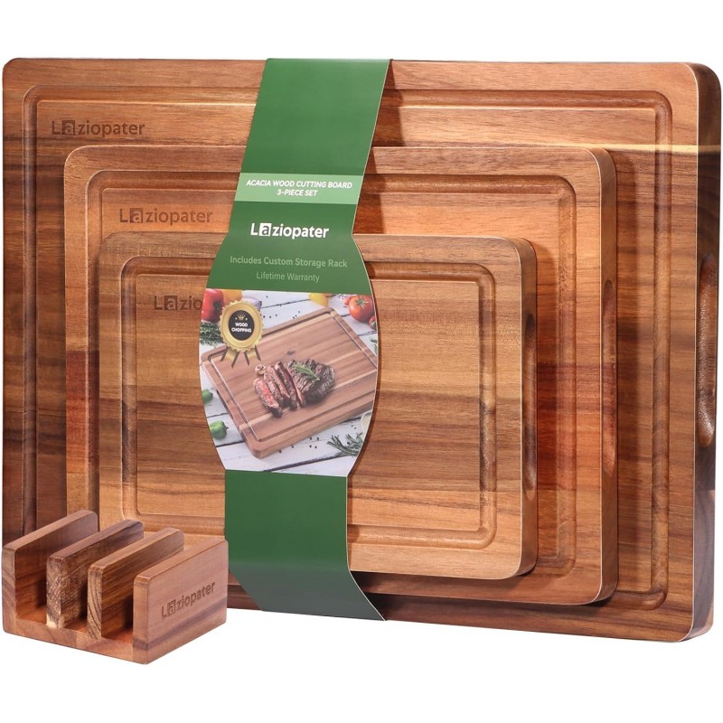 Wood Cutting Board Set, 3-Piece Rectangular Boards for Kitchen, 18x12x0.75 Inches, Hand Wash Only (Acacia Wood)