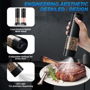Electric Pepper and Salt Grinder Set（2 Pack Black/Black）Adjustable Coarseness Salt & Pepper Mill,With LED Light,Easy to Clean,Battery Powered,One Handed Operation,Kitchen Essential