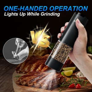 Electric Pepper and Salt Grinder Set（2 Pack Black/Black）Adjustable Coarseness Salt & Pepper Mill,With LED Light,Easy to Clean,Battery Powered,One Handed Operation,Kitchen Essential