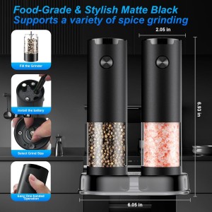 Electric Pepper and Salt Grinder Set（2 Pack Black/Black）Adjustable Coarseness Salt & Pepper Mill,With LED Light,Easy to Clean,Battery Powered,One Handed Operation,Kitchen Essential
