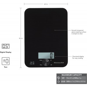 KitchenAid KQ914BA Digital Glass Top Kitchen and Food Scale, 11 lb Capacity, Measures Liquid & Dry Ingredients, Rotating Knob, Precise Results for Baking, Cooking, Keto and Meal Prep, Tare, Black