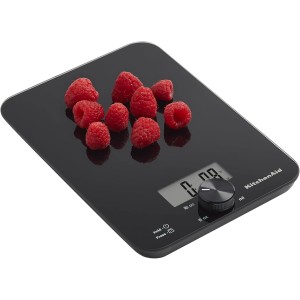 KitchenAid KQ914BA Digital Glass Top Kitchen and Food Scale, 11 lb Capacity, Measures Liquid & Dry Ingredients, Rotating Knob, Precise Results for Baking, Cooking, Keto and Meal Prep, Tare, Black