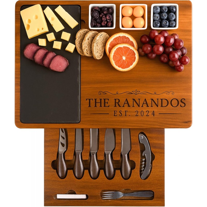 Personalized Acacia Wood Charcuterie Board Set with Stainless Steel Knives – Custom Cheese Board for Wedding, Anniversary, Retirement, New Mom Gift for Her, Housewarming, Bridal Shower, Women Gifts