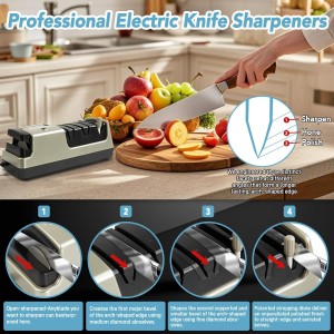 Electric Knife Sharpener 5-in-1 Kitchen Knives Sharpeners with 100% Diamond Abrasives, 3-Speed Variable with LCD Screen for Serrated Lawn Blades Edges, Scissors & Axe, Gold