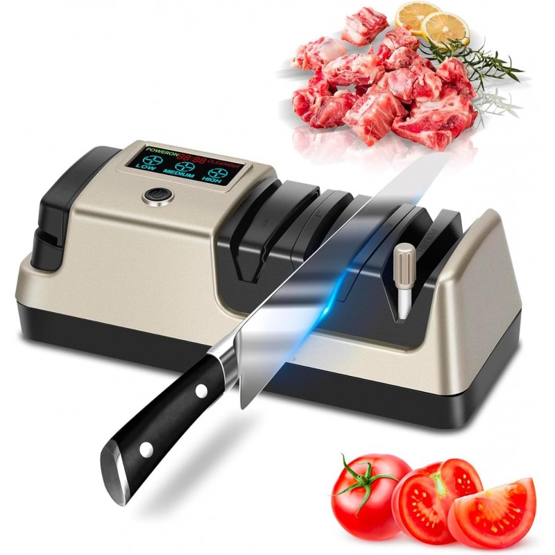 Electric Knife Sharpener 5-in-1 Kitchen Knives Sharpeners with 100% Diamond Abrasives, 3-Speed Variable with LCD Screen for Serrated Lawn Blades Edges, Scissors & Axe, Gold