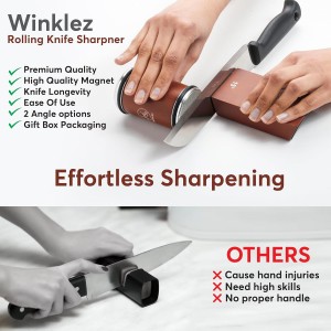 Rolling Knife Sharpener with Diamond and Ceramic Discs, Kitchen Knife Sharpener with 15° & 20° Magnetic Angles, Strong Knife Sharpening Kit (Brown)
