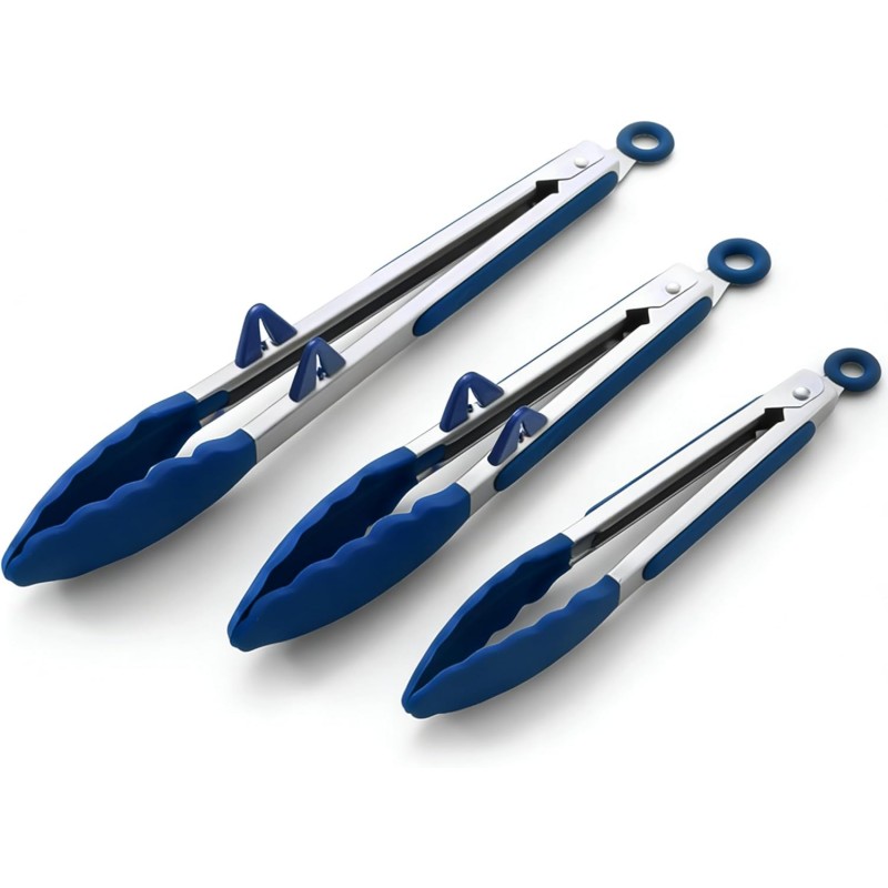 Silicone Tongs for Cooking, 3Pcs Stainless Steel Kitchen Tong with Silicone Tips, Heat Resistant Food Grade Small Serving Tong for BBQ Salad, Blue(7
