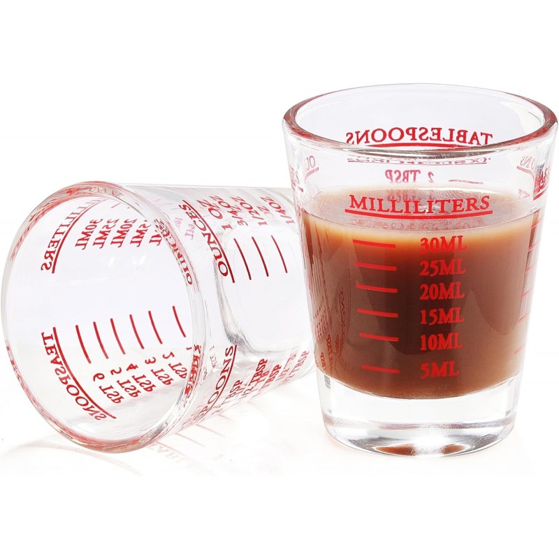 Shot Glass Measuring Cup, 2PCS Measuring Shot Glasses, Thick Base Liquid Measuring Cup for Espresso Shot Glass and Measuring Glasses, Four Different Units of Measure(1 OZ, 2 TBS, 6 TSP, 30 ML)