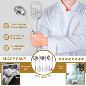 Stainless Steel Kitchen Utensils Set, 6 PCS Metal Cooking Utensils Set, Heat Resistant Cooking Spatula Spoon Set with Turners, Serving Spoon, Ladle, Skimmer, Pasta Server