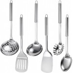 Stainless Steel Kitchen Utensils Set, 6 PCS Metal Cooking Utensils Set, Heat Resistant Cooking Spatula Spoon Set with Turners, Serving Spoon, Ladle, Skimmer, Pasta Server