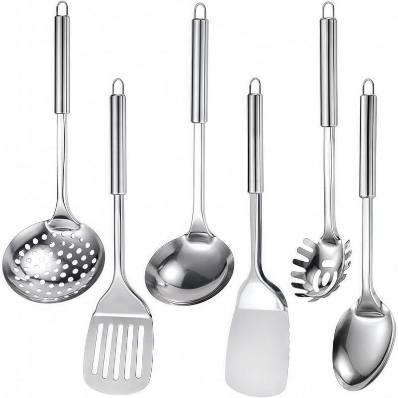 Stainless Steel Kitchen Utensils Set, 6 PCS Metal Cooking Utensils Set, Heat Resistant Cooking Spatula Spoon Set with Turners, Serving Spoon, Ladle, Skimmer, Pasta Server